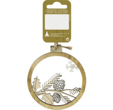 Ornament de Crăciun din lemn cu conuri de pin, ramură de brad, frunze de ilex și fulg de nea