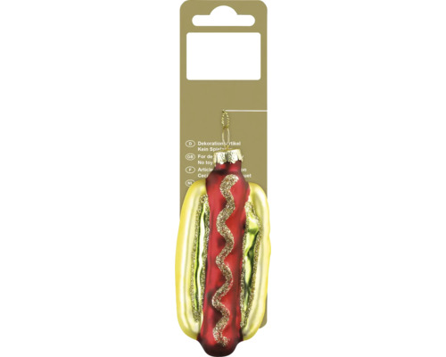 Decorațiune hotdog cu agățătoare sticlă 4,5x9,7 cm roșu/auriu