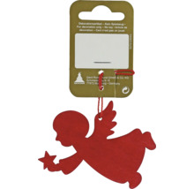 Înger decorativ roșu cu stea, atârnând de un ambalaj