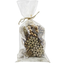 Set decorativ de conuri de pin, bile și fulgi de zăpadă într-un ambalaj transparent pentru decorațiuni festive.