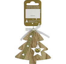 Decorațiune de brad din lemn cu dungi sclipitoare și clopoțel