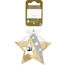 Stea din lemn cu decor sclipitor și clopoțel ca decorațiune de Crăciun