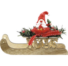 Sanie din lemn cu figurină Moș Crăciun, fundă roșie și decorațiuni verzi ca ornamente de Crăciun