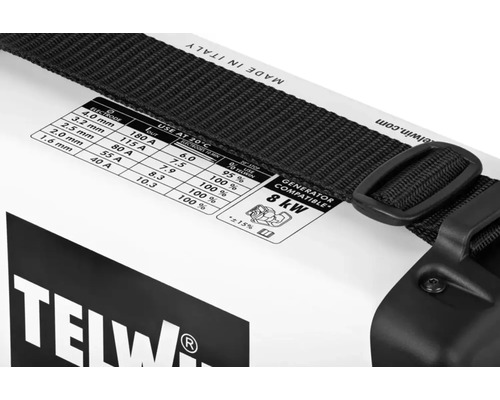 Vizualizare detaliată a unui aparat de sudură Telwin cu date de performanță și curea de transport