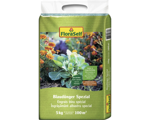 Îngrășământ albastru special FloraSelf 5 kg Îngrășământ special cu granule albastre FloraSelf în ambalaj de 5 kilograme pentru 100 de metri pătrați