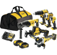 Set de scule cu mașină de găurit, șurubelniță, lampă, ciocan rotopercutor, fierăstrău sabie, polizor unghiular, încărcător și acumulatori
