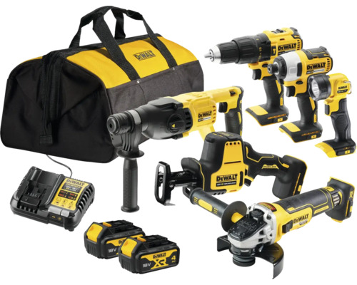 Set unelte pe acumulator DeWalt DCK607M2-QW 18V, incl. 2x4Ah acumulatori, 10 piese Set de scule cu mașină de găurit, șurubelniță, lampă, ciocan rotopercutor, fierăstrău sabie, polizor unghiular, încărcător și acumulatori