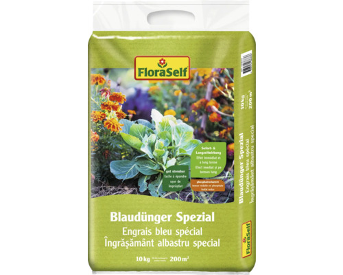 Îngrășământ special albastru FloraSelf 10 kg Îngrășământ special cu granule albastre în sac de 10 kilograme pentru 200 de metri pătrați