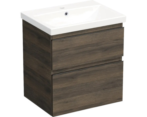 Set mobilier baie suspendat Jungborn TRENTA 60 cm stejar Gladstone mâner negru Dulap de bază pentru lavoar cu două sertare, aspect lemn