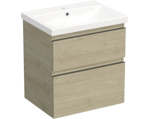 Set mobilier baie suspendat Jungborn TRENTA 60 cm stejar Kendal mâner negru Dulap de bază pentru lavoar cu două sertare și lavoar