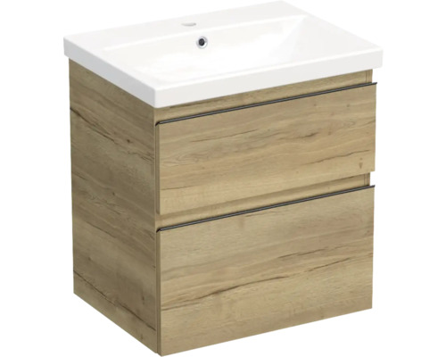 Set mobilier baie suspendat Jungborn TRENTA 60 cm stejar Halifax mâner negru Dulap inferior de lavoar cu două sertare și lavoar
