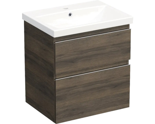 Set mobilier baie suspendat Jungborn TRENTA 60 cm stejar Gladstone mâner crom Dulap de bază pentru lavoar cu două sertare și un lavoar