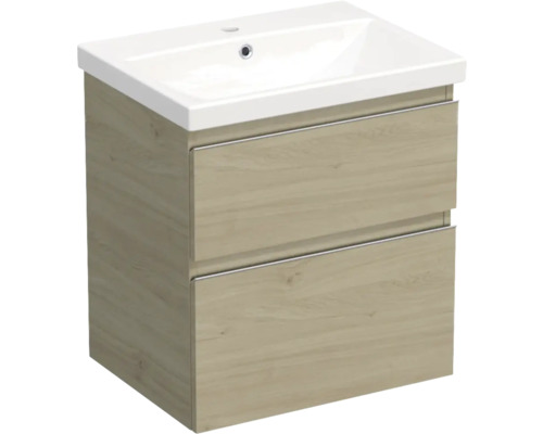Set mobilier baie suspendat Jungborn TRENTA 60 cm stejar Kendal mâner crom Dulap de bază pentru lavoar cu două sertare și lavoar ceramic