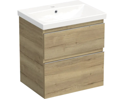 Set mobilier baie suspendat Jungborn TRENTA 60 cm stejar Halifax mâner crom Dulap de bază pentru lavoar cu două sertare și lavoar așezat