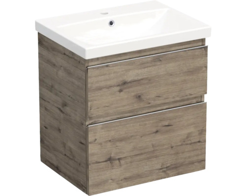 Set mobilier baie suspendat Jungborn TRENTA 60 cm stejar Wellington mâner crom Dulap inferior pentru lavoar cu două sertare și lavoar aplicat