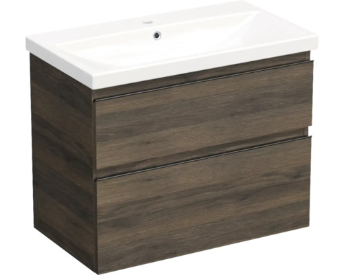 Set mobilier baie suspendat Jungborn TRENTA 80 cm stejar Gladstone mâner negru Dulap de bază pentru lavoar cu două sertare și lavoar
