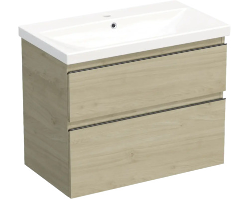 Set mobilier baie suspendat Jungborn TRENTA 80 cm stejar Kendal mâner negru Dulap inferior de lavabo cu două sertare și lavoar ceramic