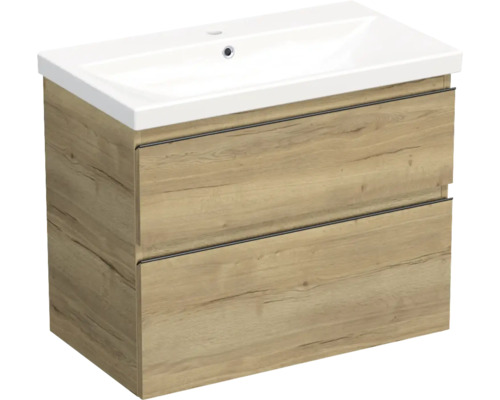 Set mobilier baie suspendat Jungborn TRENTA 80 cm stejar Halifax mâner negru Dulap de bază pentru lavoar cu două sertare și decor din lemn