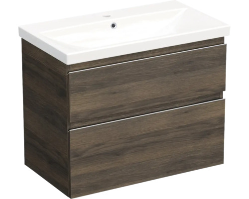Set mobilier baie suspendat Jungborn TRENTA 80 cm stejar Gladstone mâner crom Dulap de bază pentru lavoar cu două sertare și lavoar ceramic