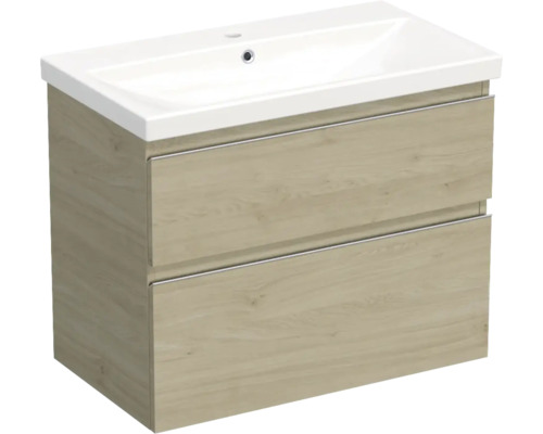 Set mobilier baie suspendat Jungborn TRENTA 80 cm stejar Kendal mâner crom Dulap inferior de lavabo cu două sertare și lavabo