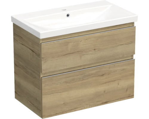 Set mobilier baie suspendat Jungborn TRENTA 80 cm stejar Halifax mâner crom Dulap de bază pentru lavoar cu două sertare și lavoar