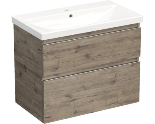 Set mobilier baie suspendat Jungborn TRENTA 80 stejar Wellington mâner crom Dulap inferior pentru lavoar cu două sertare și lavoar
