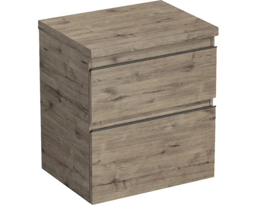 Dulap bază lavoar baie suspendat Jungborn TRENTA 60 cm PAL stejar Wellington mâner negru Dulap inferior de lavabo cu două sertare, aspect lemn