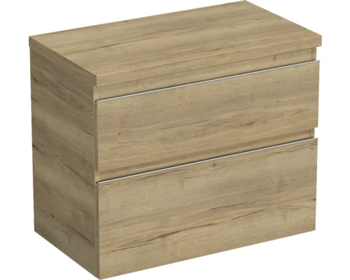 Dulap bază lavoar baie suspendat Jungborn TRENTA 80 cm PAL stejar Halifax mâner argintiu Dulap inferior pentru lavoar cu două sertare, cu design din lemn