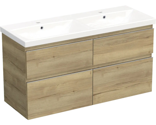 Set mobilier baie suspendat Jungborn TRENTA 120 cm stejar Halifax mâner crom Dulap de bază pentru lavoar cu două lavoare și patru sertare cu aspect de lemn