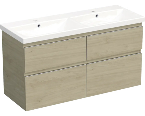 Set mobilier baie suspendat Jungborn TRENTA 120 cm stejar Kendal mâner crom Dulap inferior pentru lavoar cu patru sertare și chiuvetă dublă
