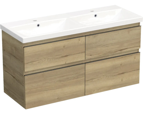 Set mobilier baie suspendat Jungborn TRENTA 120 cm stejar Halifax mâner negru Dulap de bază pentru lavoar cu două lavoare și patru sertare