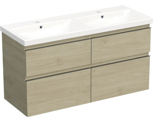 Set mobilier baie suspendat Jungborn TRENTA 120 cm stejar Kendal mâner negru Dulap de bază pentru lavoar cu lavoar dublu și patru sertare