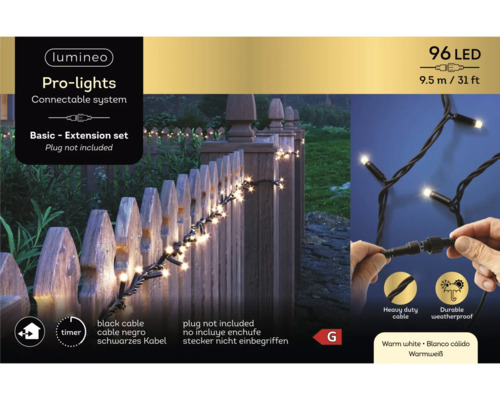 Ghirlandă luminoasă cu 96 LED-uri, lungime 9,5 metri, cablu negru, set de extensie, potrivită pentru utilizare în exterior