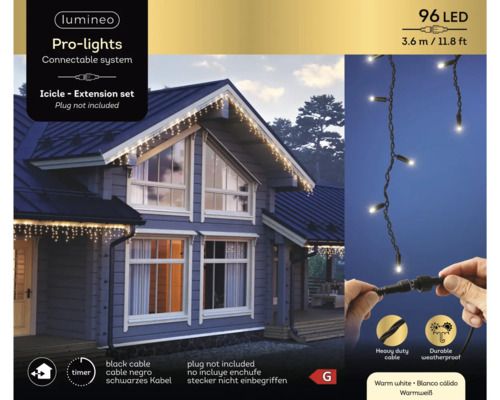 Șir de lumini cu 96 de LED-uri ca set de extensie țurțuri pentru exterior, cu temporizator și cablu rezistent