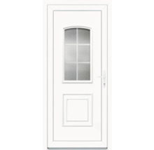 Ușă de intrare albă cu inserție de sticlă și mâner