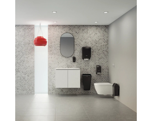 Baie modernă cu dulap de bază pentru lavoar, oglindă, dispenser pentru prosoape, dispenser pentru săpun, dispenser pentru prosoape de hârtie, coș de gunoi și WC suspendat