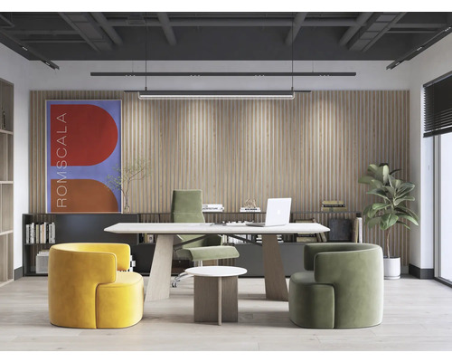 Birou modern cu birou, scaun de birou, fotolii și decorațiuni.