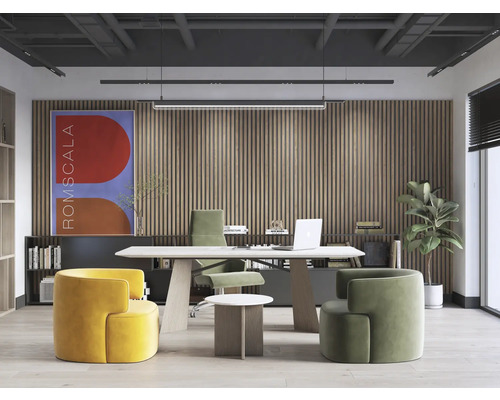 Spațiu de birou cu birou, scaun de birou, fotolii și rafturi