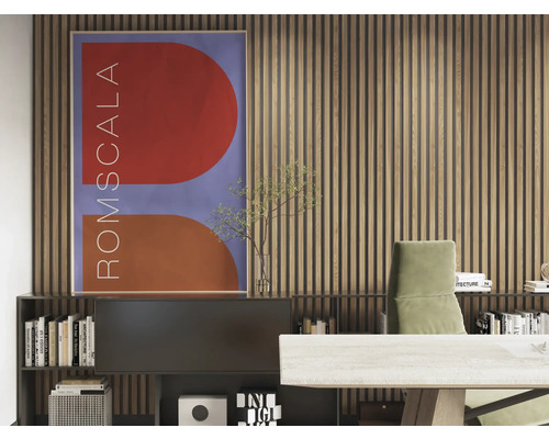 Birou cu birou, scaun, raft și panouri de perete cu artă