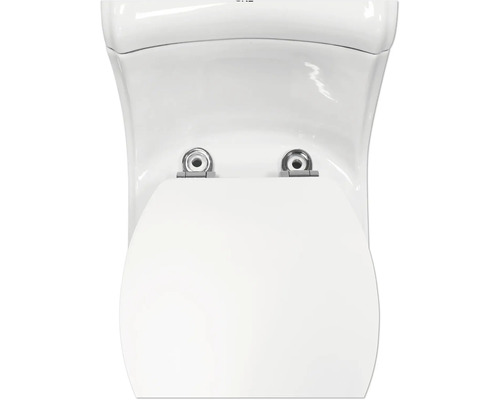 Prim-plan al unui vas de toaletă cu capacul de toaletă montat