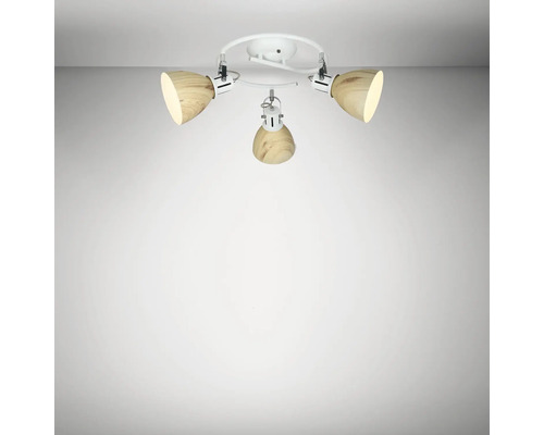 Lumină de plafon cu trei spoturi din lemn și metal