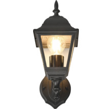 Lumină de perete exterioară neagră în stil felinar cu becul aprins.