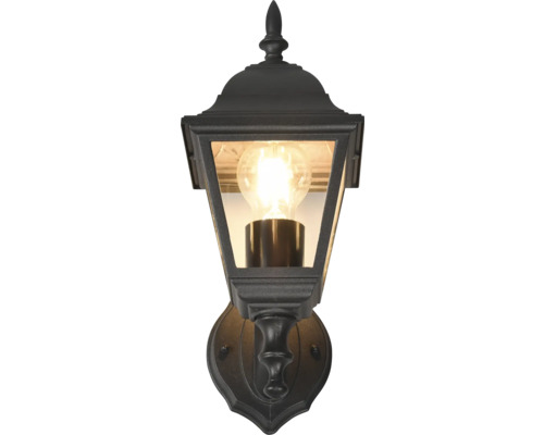 Lumină de perete exterioară neagră în stil felinar cu becul aprins.