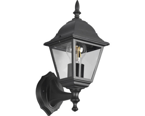 Aplică de perete neagră în stil felinar, cu panouri din sticlă transparentă și bec