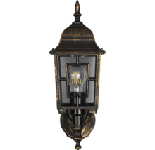 Lampa de perete antică pentru exterior cu inserție de sticlă și elemente metalice.