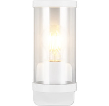 Lampă de masă albă cu abajur transparent.