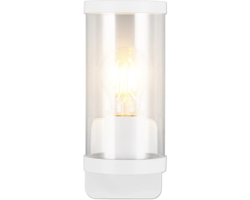 Lampă de masă albă cu abajur transparent.