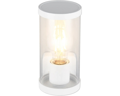 Lampă de masă cu carcasă transparentă din sticlă și bec aprins