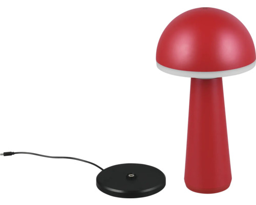 Lampă în formă de ciupercă cu bază neagră și abajur roșu