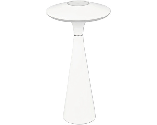 Lampă de masă cu LED albă, cu cap de lampă în formă de umbrelă și bază conică.